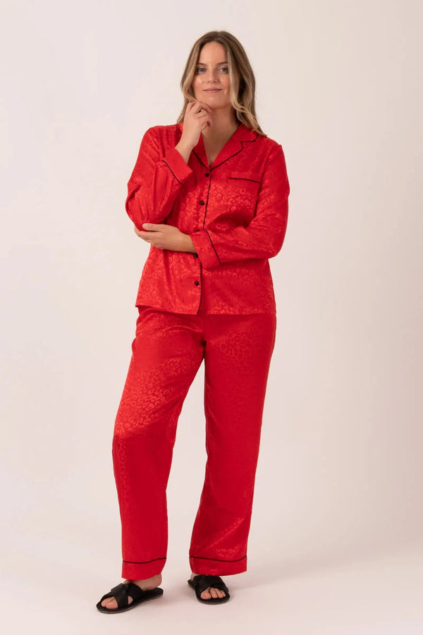 Satin Long Sleeve Buttons Shirt & Pants Pyjama Set - Red Leopard Jacquard-9358328388982-Activewear-Exoticathletica