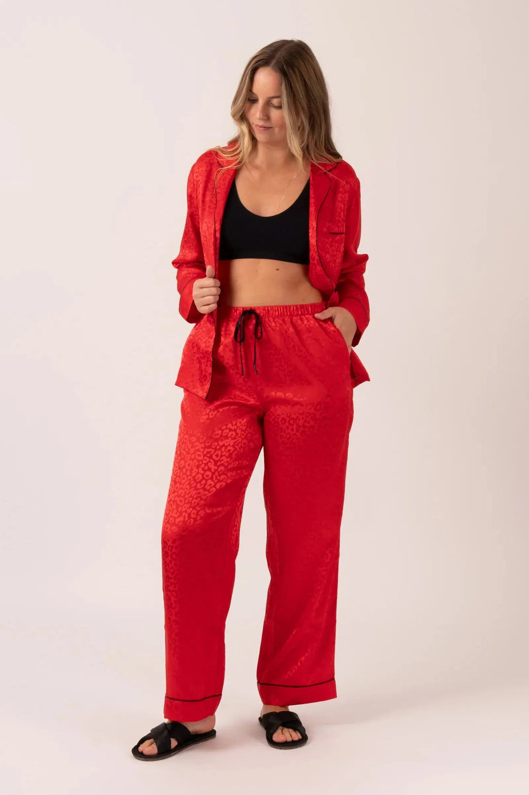 Satin Long Sleeve Buttons Shirt & Pants Pyjama Set - Red Leopard Jacquard-Activewear-Exoticathletica