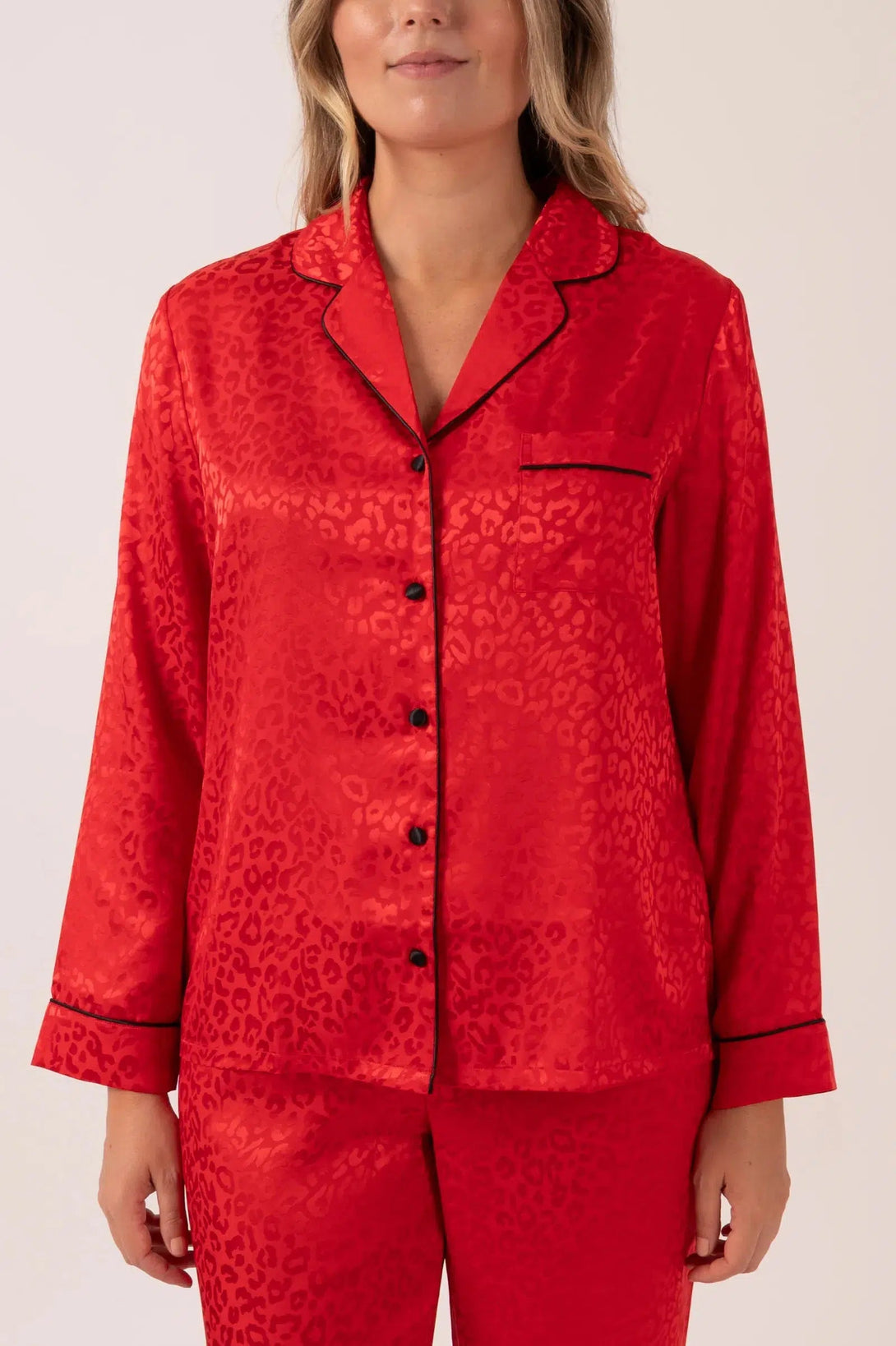 Satin Long Sleeve Buttons Shirt & Pants Pyjama Set - Red Leopard Jacquard-Activewear-Exoticathletica