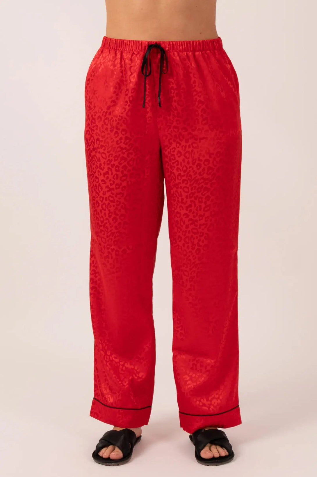 Satin Long Sleeve Buttons Shirt & Pants Pyjama Set - Red Leopard Jacquard-Activewear-Exoticathletica