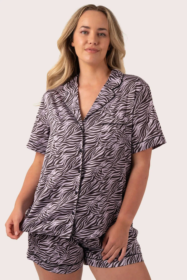 Satin Short Sleeve Button Up Shirt & Shorts Pyjama Set - Lilac Wild Zebra-Activewear-Exoticathletica