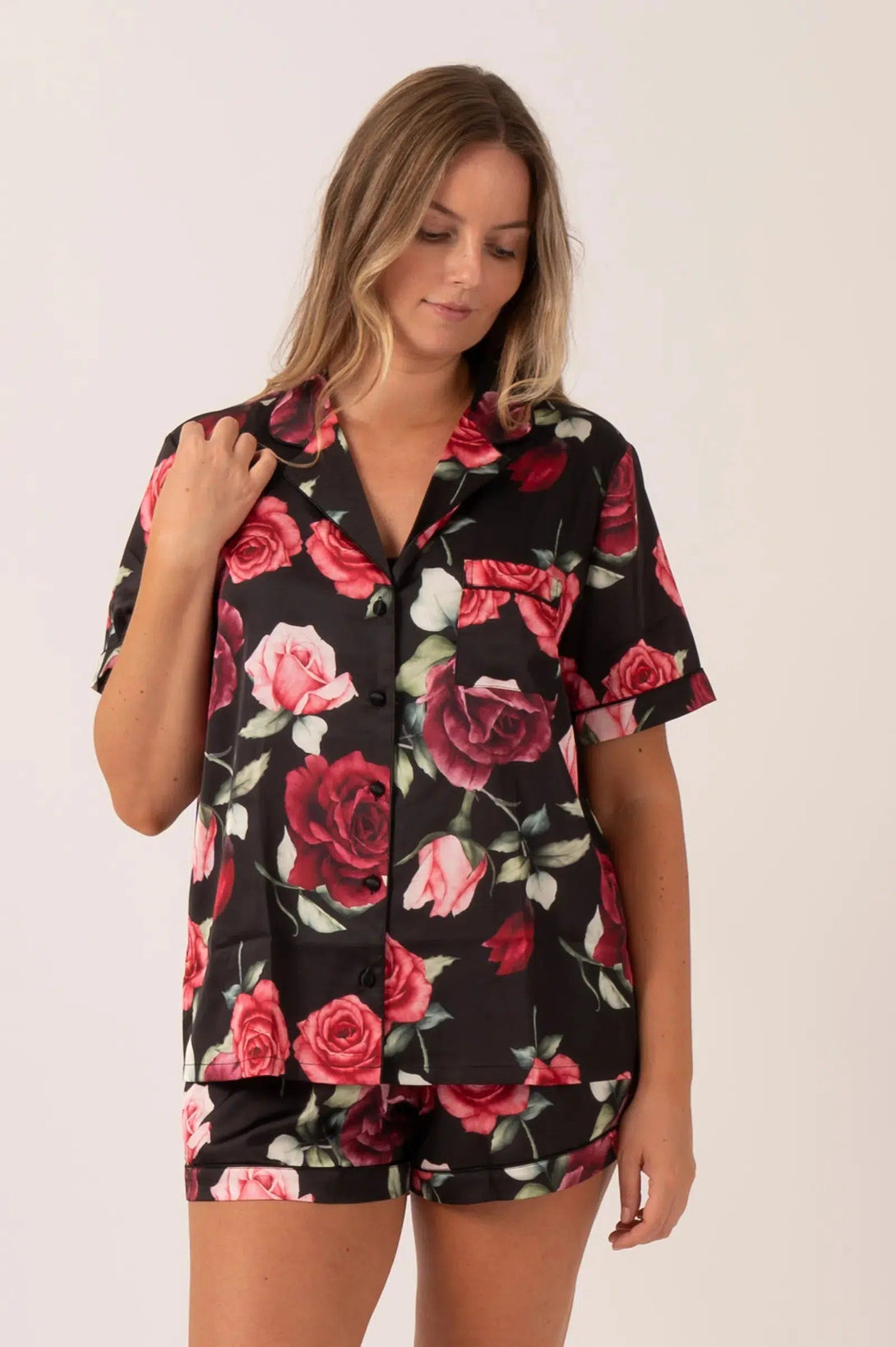 Satin Short Sleeve Buttons Shirt & Shorts Pyjama Set - Black Wild Roses-Activewear-Exoticathletica