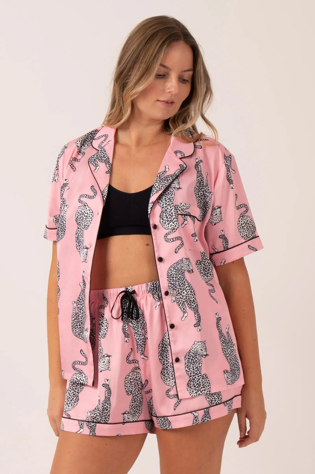 Satin Short Sleeve Buttons Shirt & Shorts Pyjama Set - Pink Leopard-Activewear-Exoticathletica