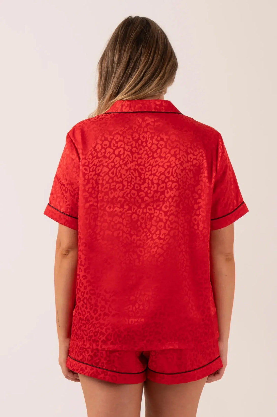 Satin Short Sleeve Buttons Shirt & Shorts Pyjama Set - Red Leopard Jacquard-Activewear-Exoticathletica