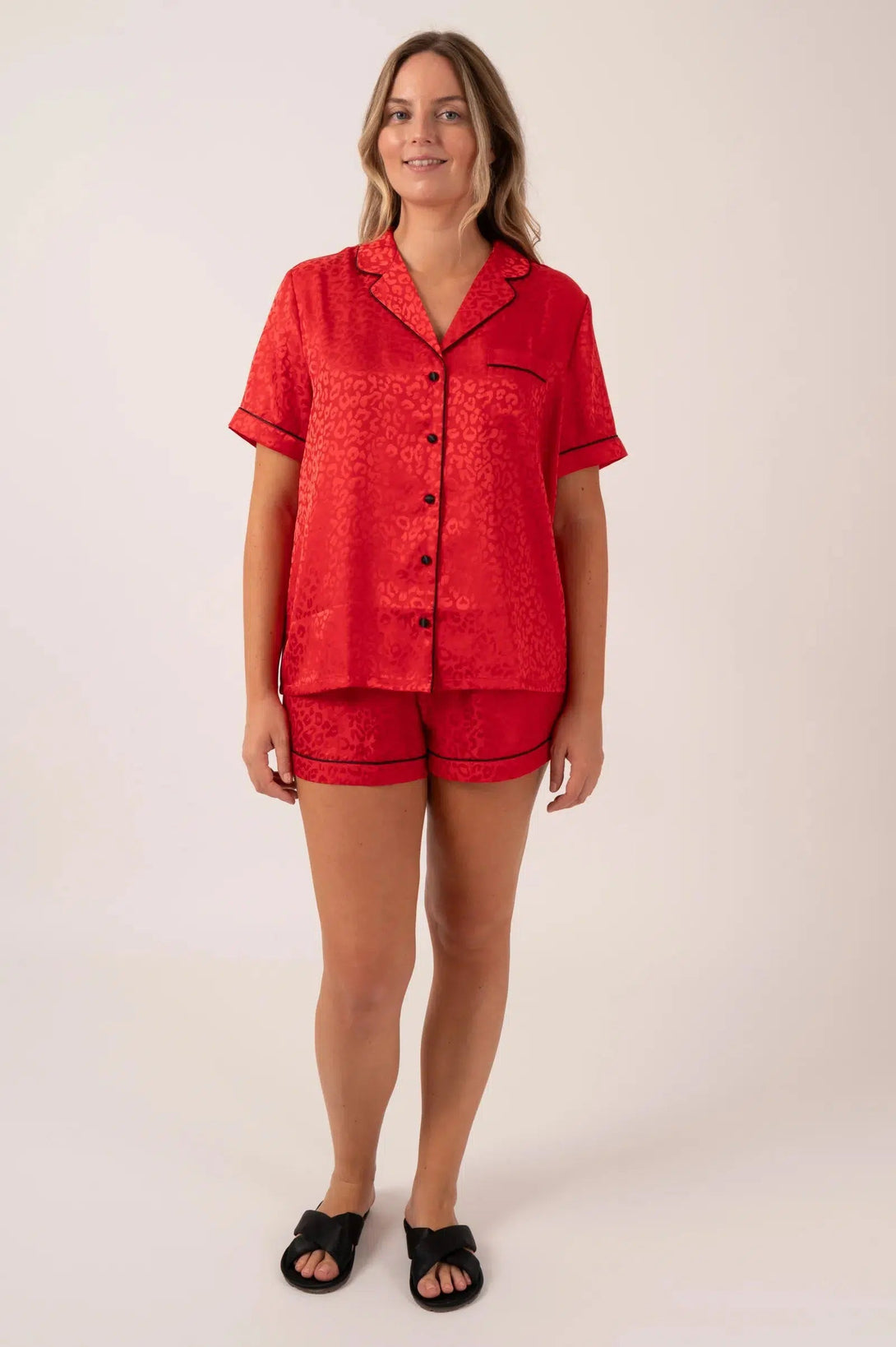 Satin Short Sleeve Buttons Shirt & Shorts Pyjama Set - Red Leopard Jacquard-Activewear-Exoticathletica