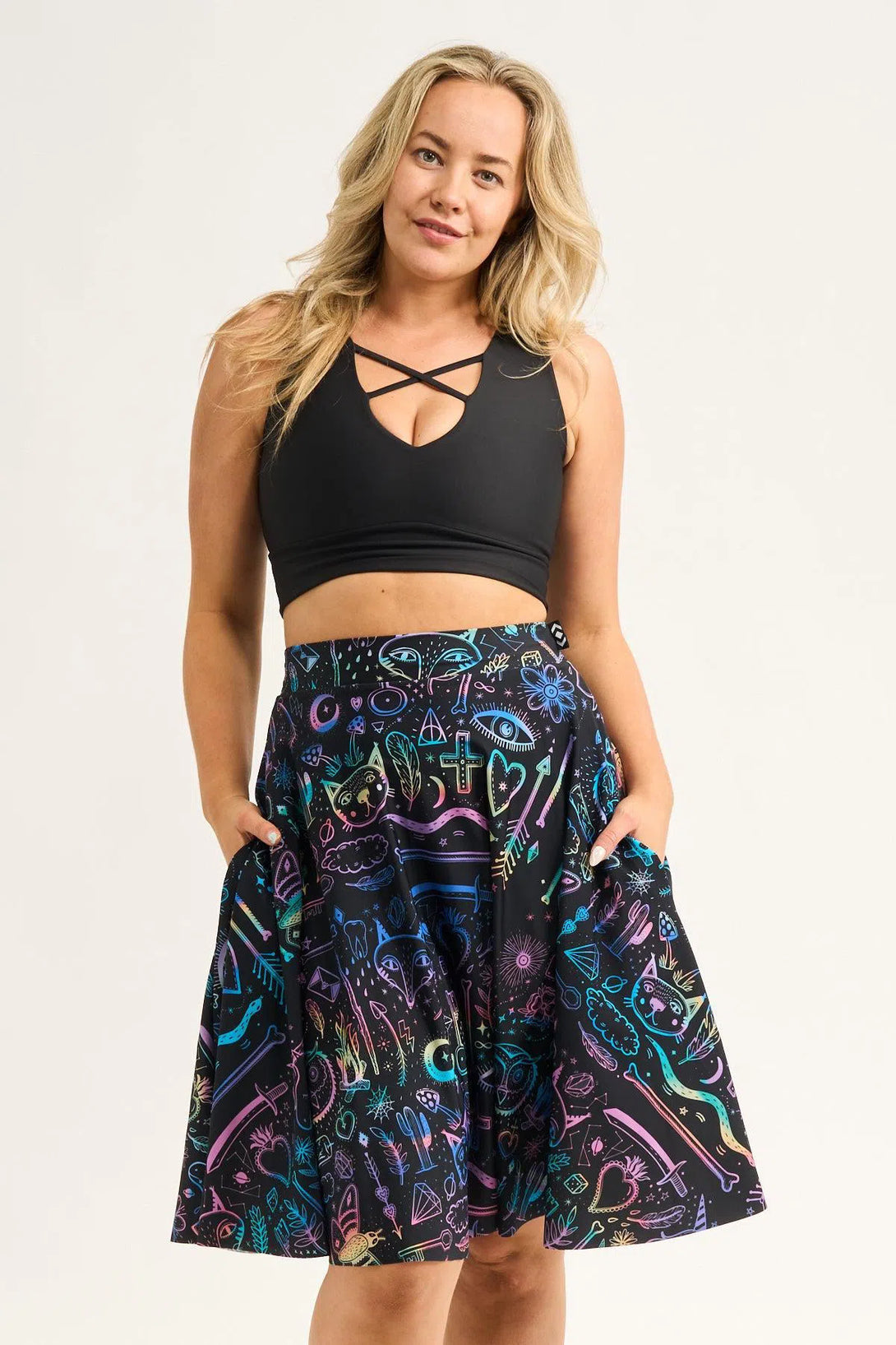 Scratchboard Spellz Silky - Narrow Waisted Midi Skater Skirt W/ Pockets-9358328337249-Activewear-Exoticathletica