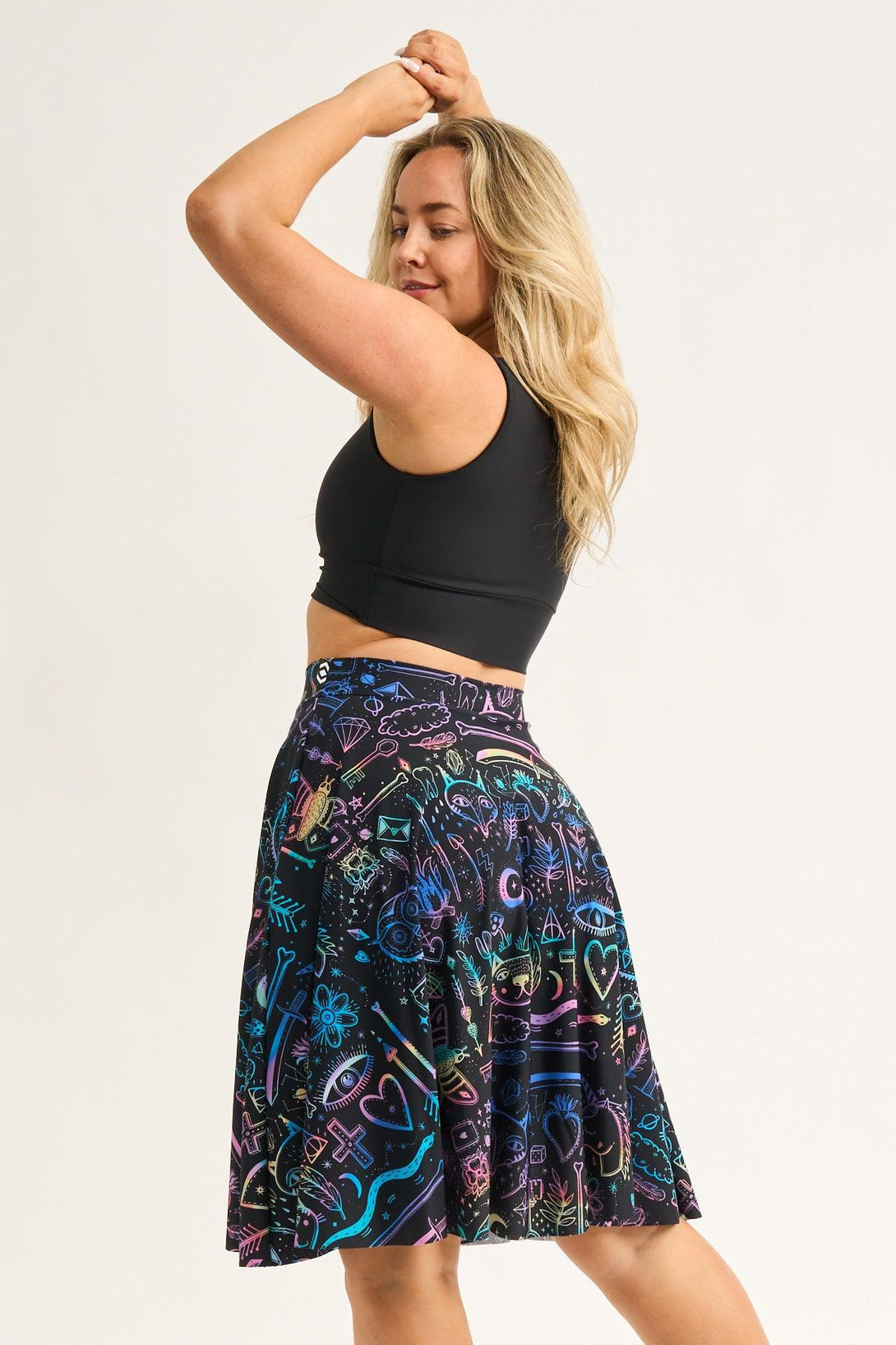 Scratchboard Spellz Silky - Narrow Waisted Midi Skater Skirt W/ Pockets-Activewear-Exoticathletica