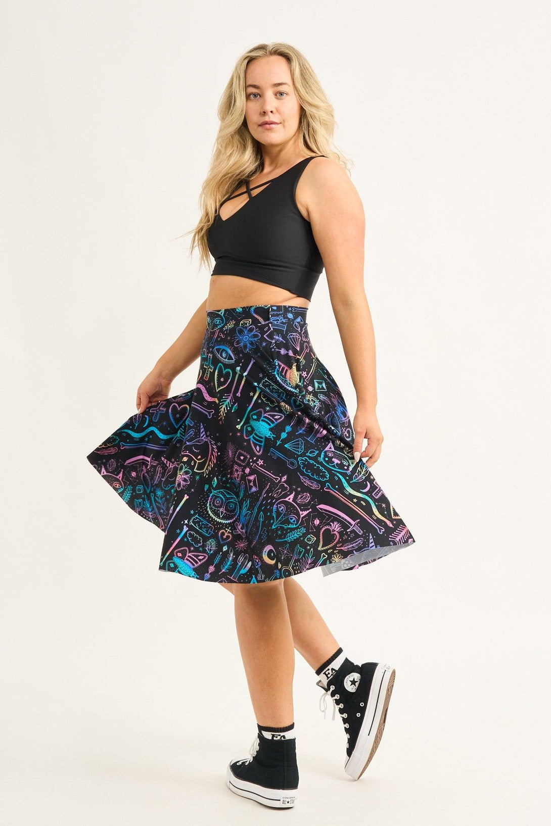 Scratchboard Spellz Silky - Narrow Waisted Midi Skater Skirt W/ Pockets-Activewear-Exoticathletica