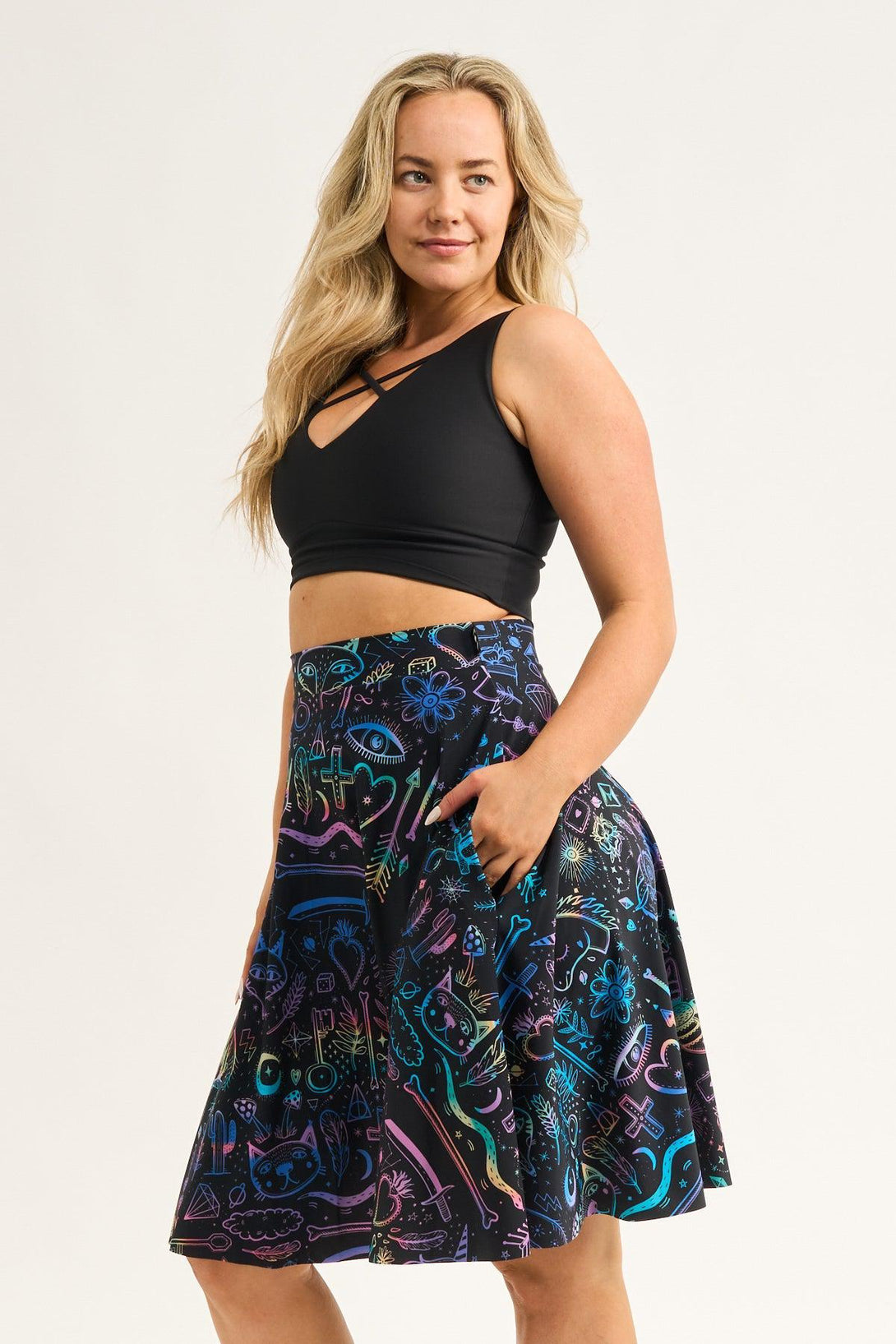 Scratchboard Spellz Silky - Narrow Waisted Midi Skater Skirt W/ Pockets-Activewear-Exoticathletica