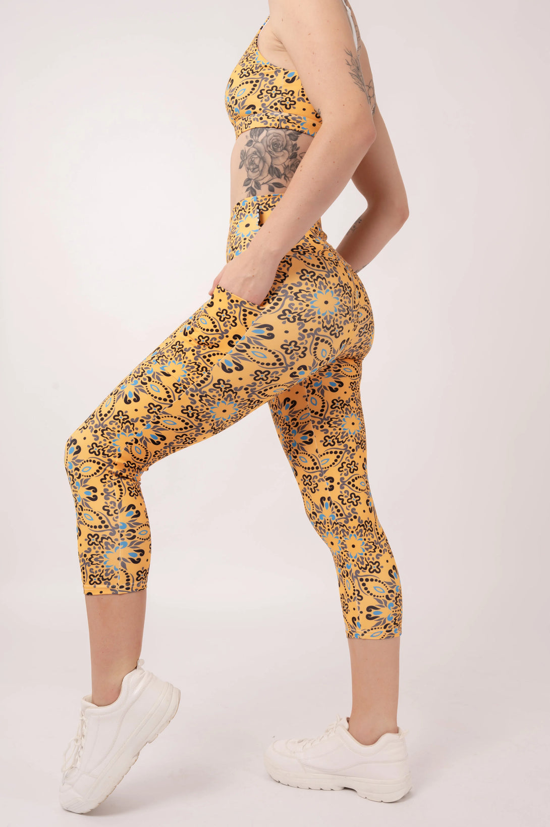 Shimmy Shimmy Yellow Body Contouring - Panel Pocket High Waisted Capri Leggings-Activewear-Exoticathletica