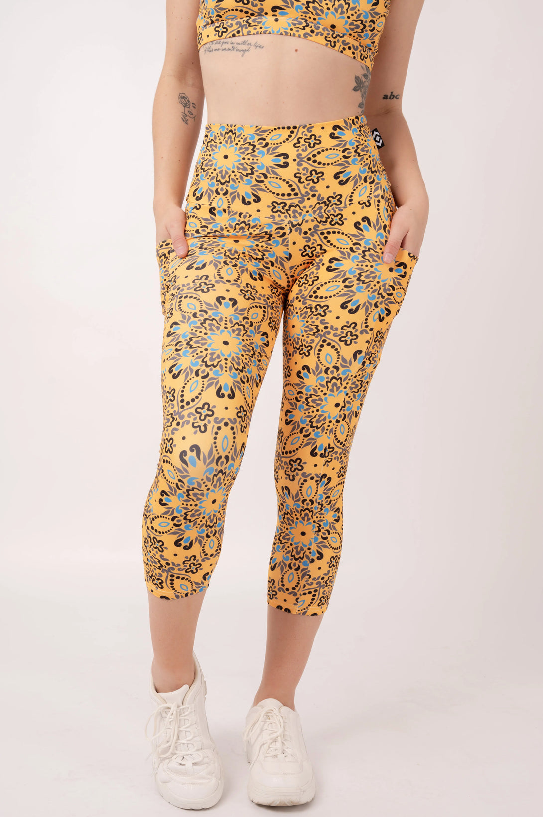 Shimmy Shimmy Yellow Body Contouring - Panel Pocket High Waisted Capri Leggings-Activewear-Exoticathletica