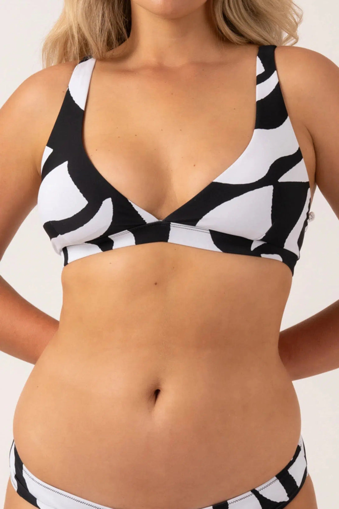 Silky Built Up Deep V Triangle Bikini Top - Black Geo Waves-Activewear-Exoticathletica