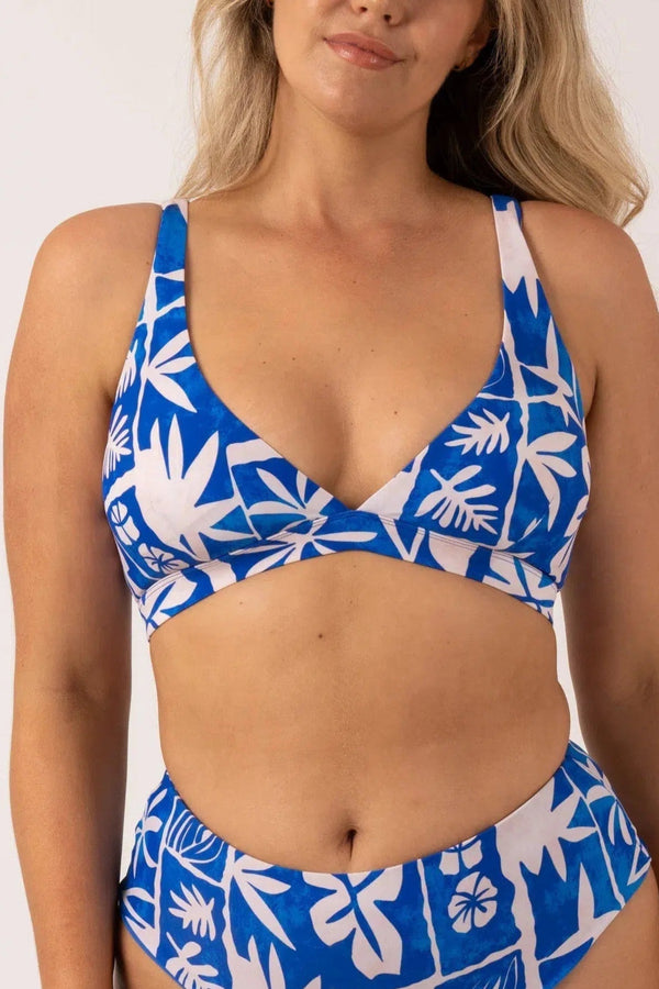 Silky Built Up Deep V Triangle Bikini Top - Blue Tiki-Activewear-Exoticathletica