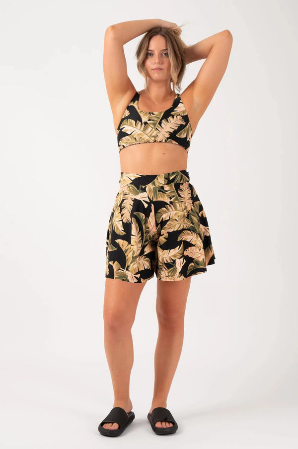 Silky Mini Palazzo Short - Black Tropical Leaf-Activewear-Exoticathletica