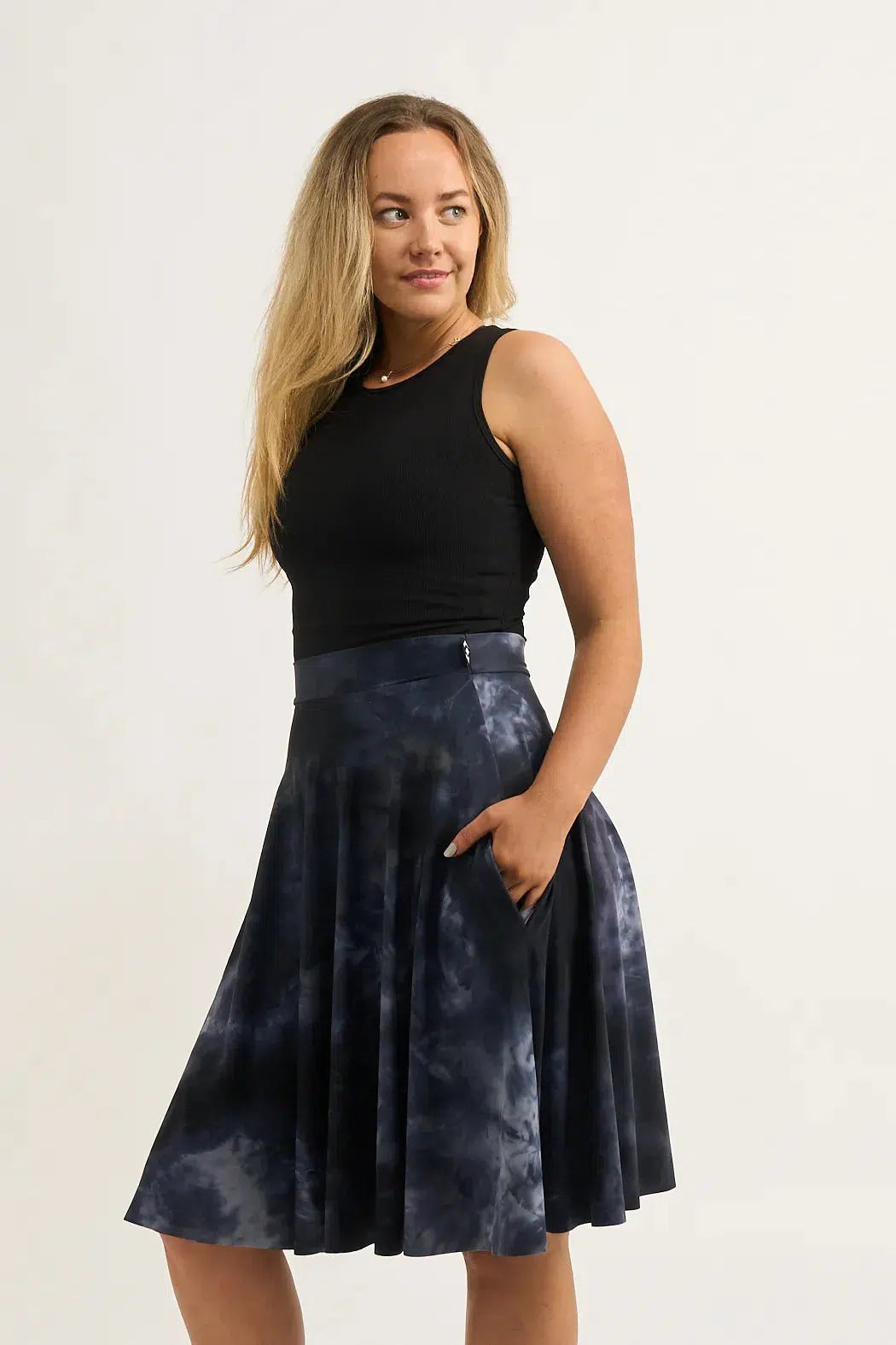 Silky Narrow Waisted Midi Skater Skirt W/ Pockets - Dark And Moody-Activewear-Exoticathletica