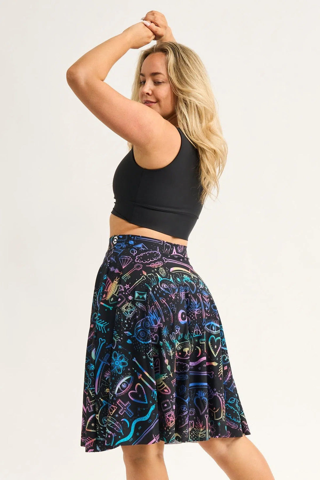 Silky Narrow Waisted Midi Skater Skirt W/ Pockets - Scratchboard Spellz-Activewear-Exoticathletica