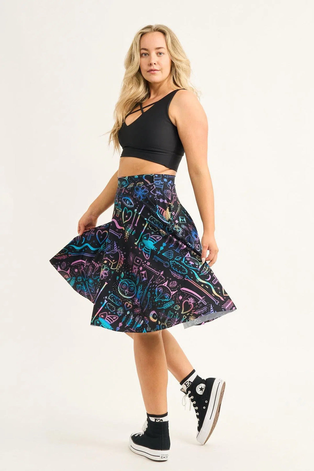 Silky Narrow Waisted Midi Skater Skirt W/ Pockets - Scratchboard Spellz-Activewear-Exoticathletica