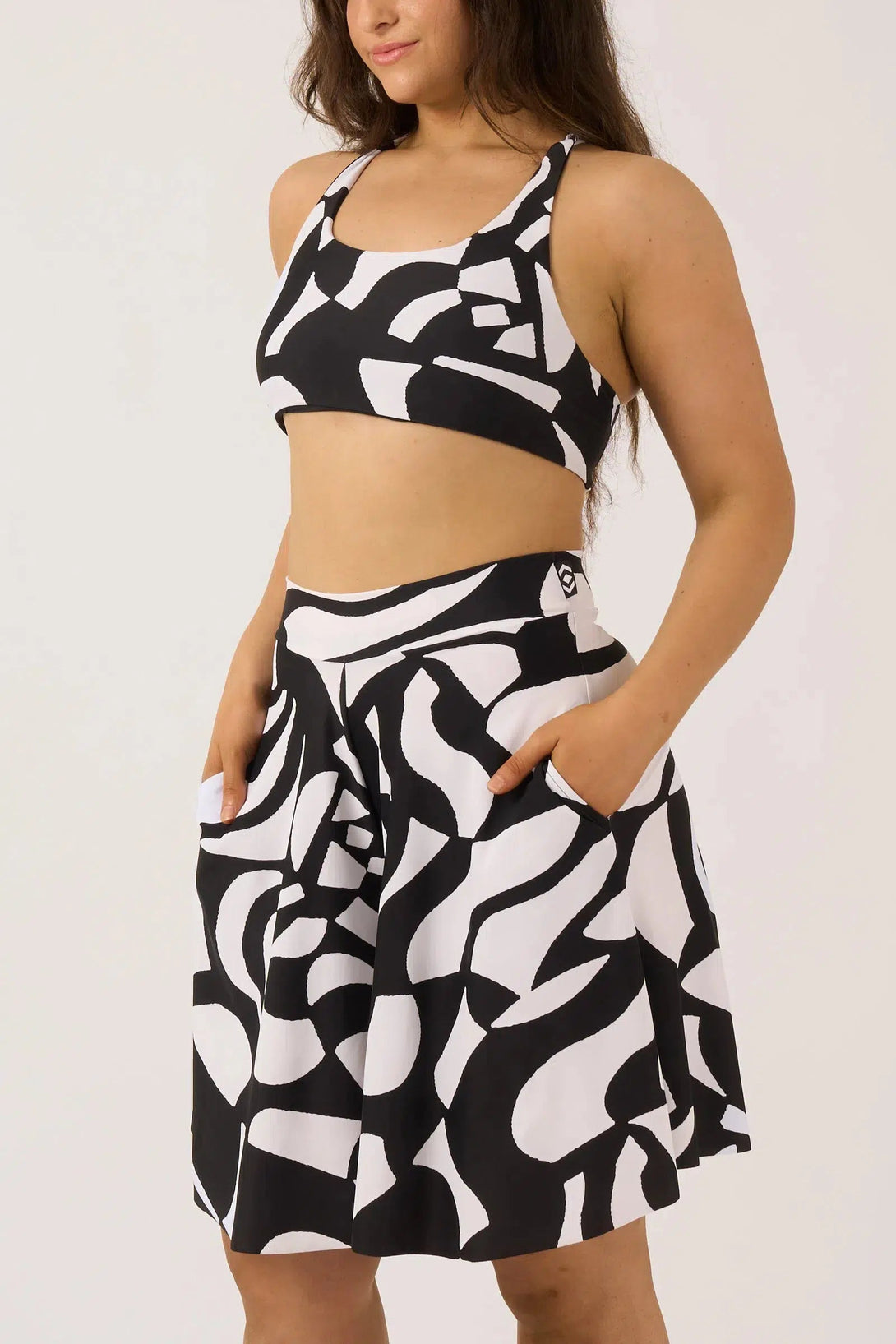 Silky Palazzo Short With Pocket - Black Geo Waves-9358328379898-Activewear-Exoticathletica