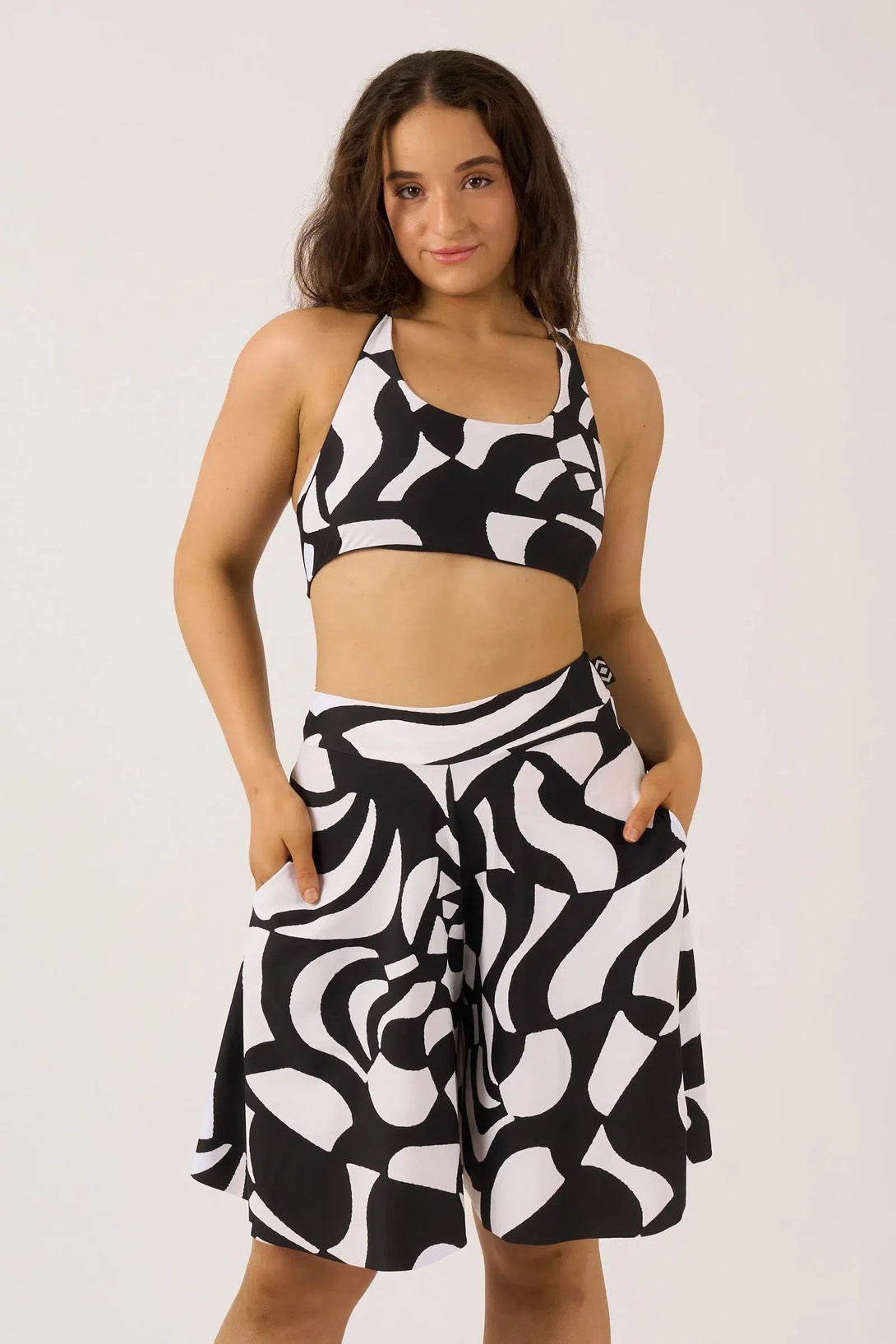 Silky Palazzo Short With Pocket - Black Geo Waves-Activewear-Exoticathletica