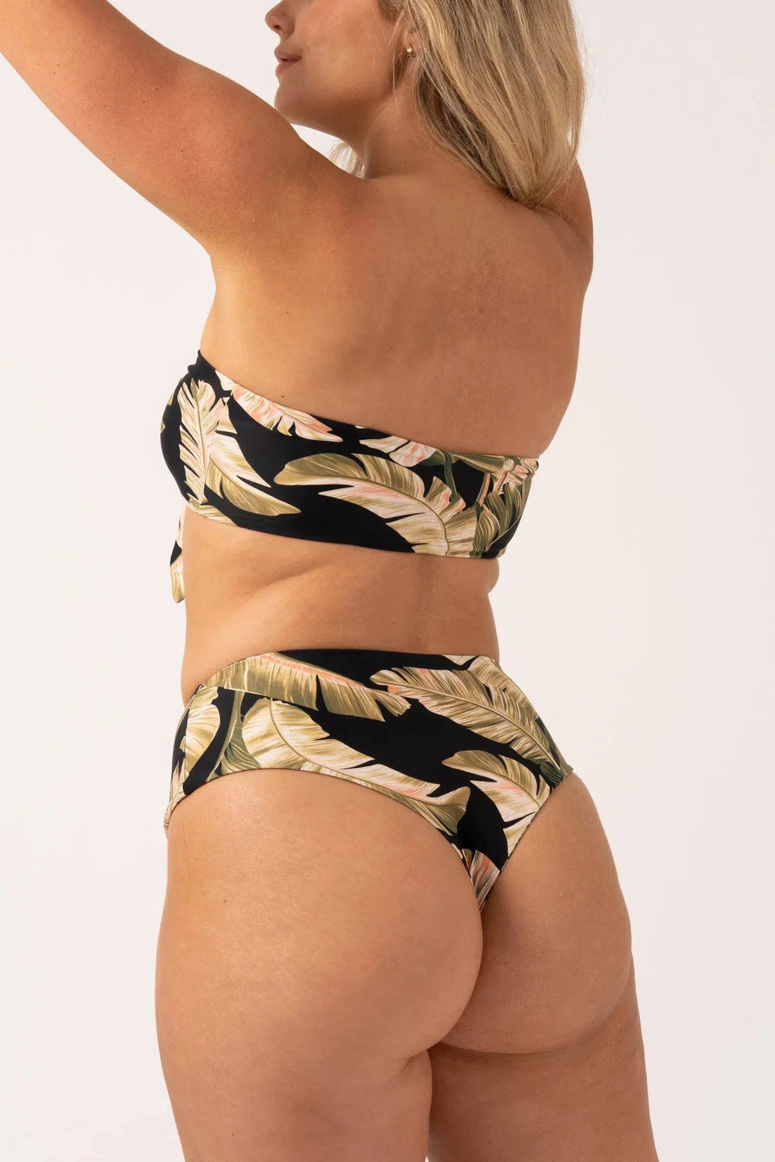 Silky Reversible Bandeau Bow Bikini Top - Black Tropical Leaf-Activewear-Exoticathletica