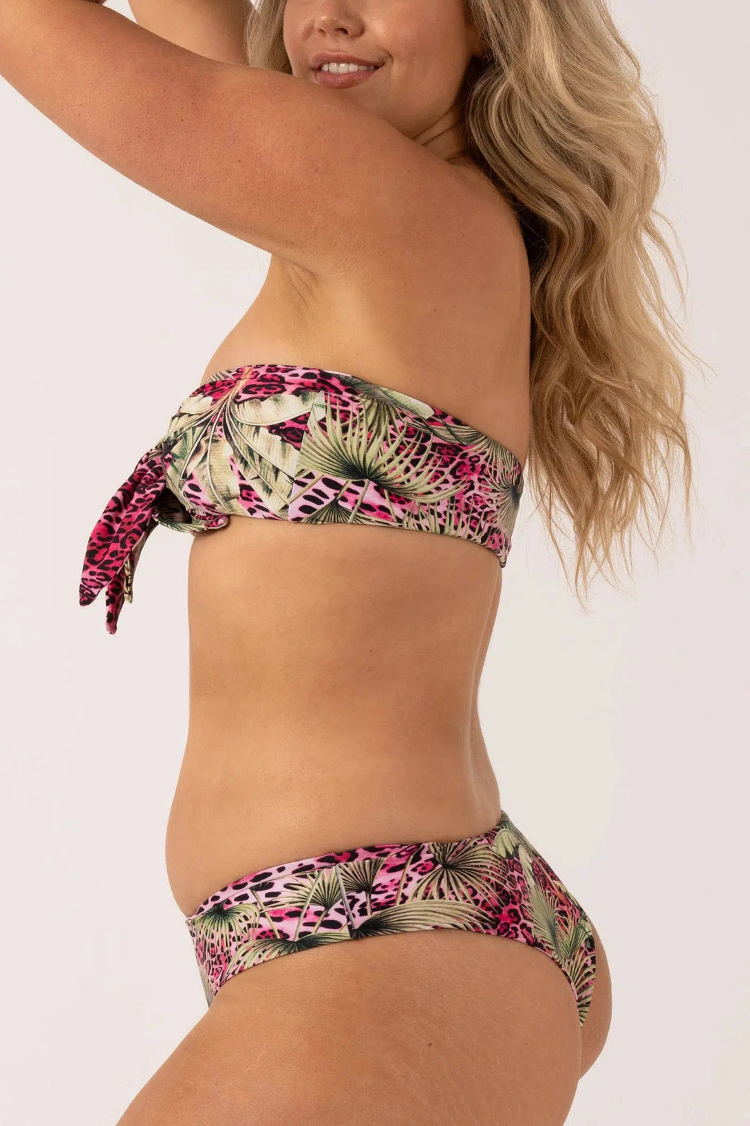 Silky Reversible Bandeau Bow Bikini Top - Pink Tropical Leopard-Activewear-Exoticathletica