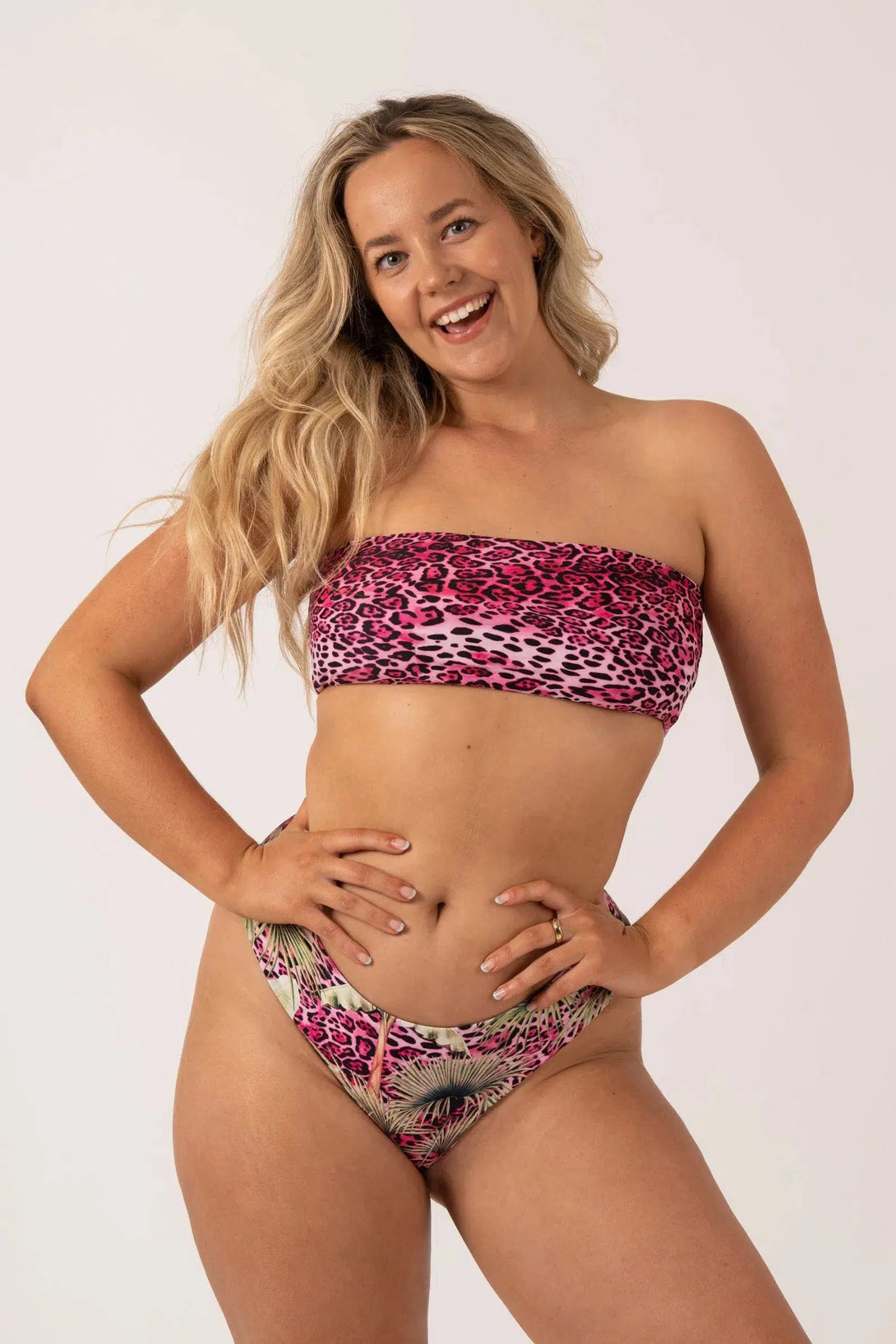 Silky Reversible Bandeau Bow Bikini Top - Pink Tropical Leopard-Activewear-Exoticathletica