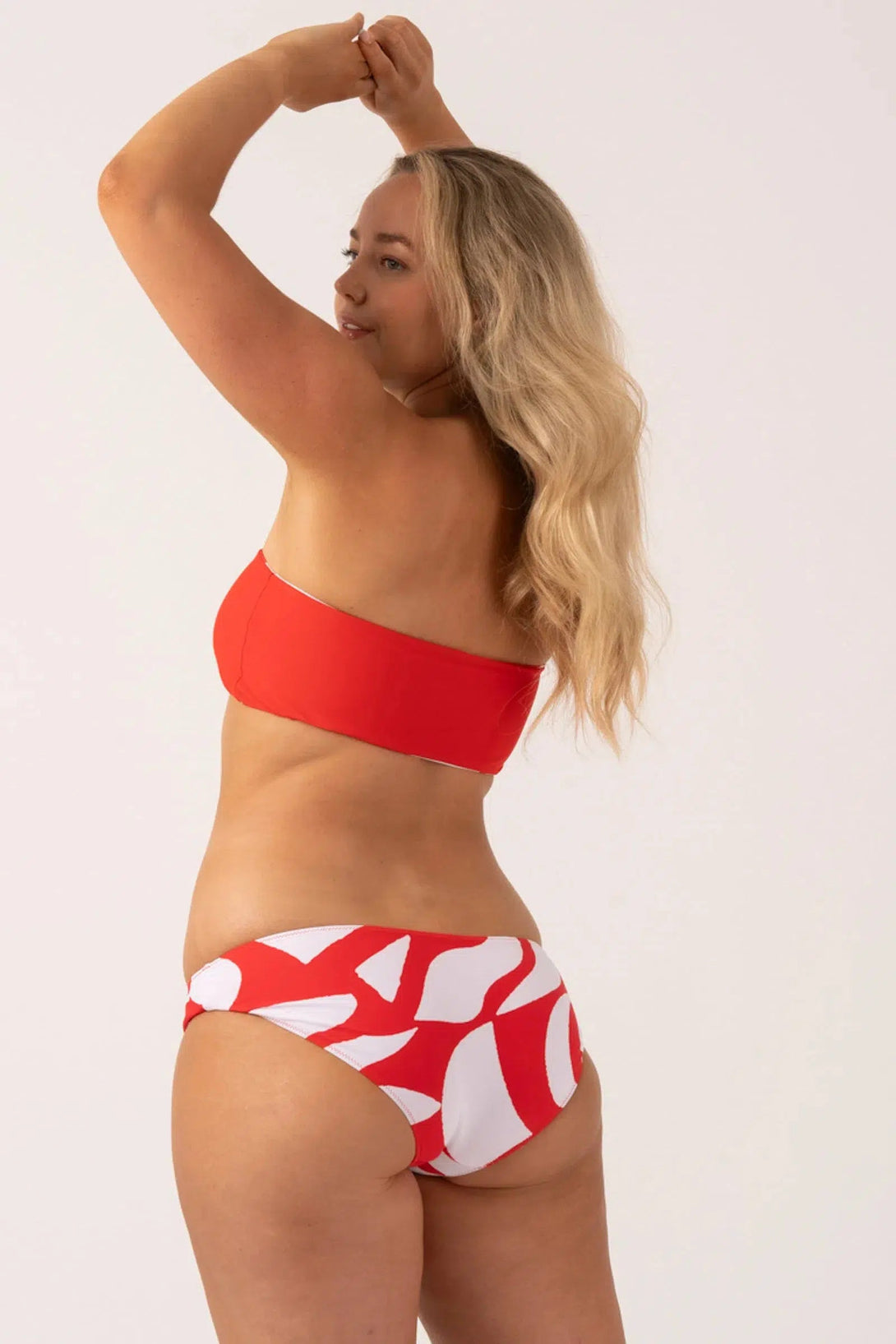 Silky Reversible Bandeau Bow Bikini Top - Red Geo Waves-Activewear-Exoticathletica