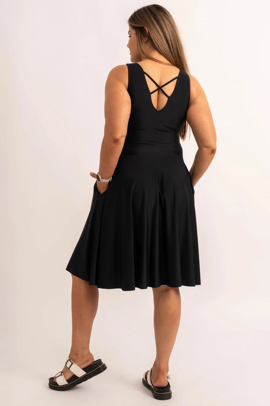 Silky Reversible Comfort Crop Midi Dress W/ Pockets - Black-Activewear-Exoticathletica