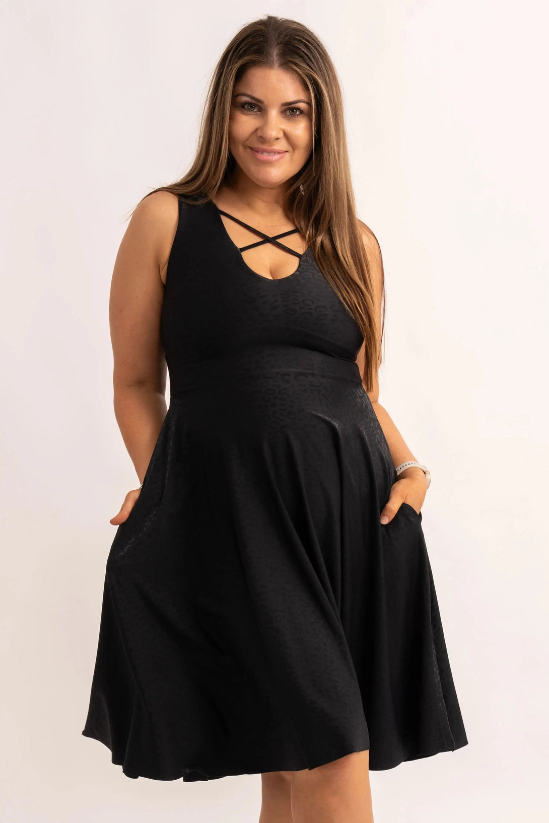 Silky Reversible Comfort Crop Midi Dress W/Pockets - Black Exotic Touch Jag-Activewear-Exoticathletica