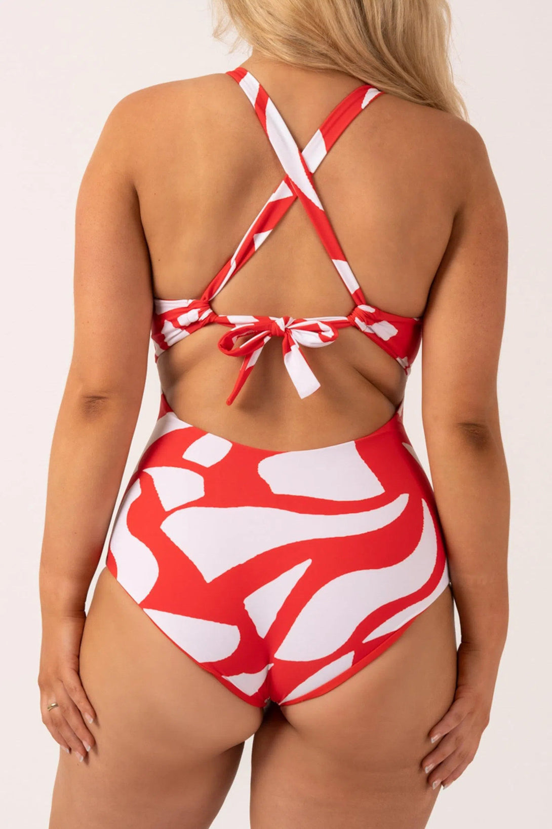 Silky Reversible Deep V Low Leg One Piece - Red Geo Waves-Activewear-Exoticathletica