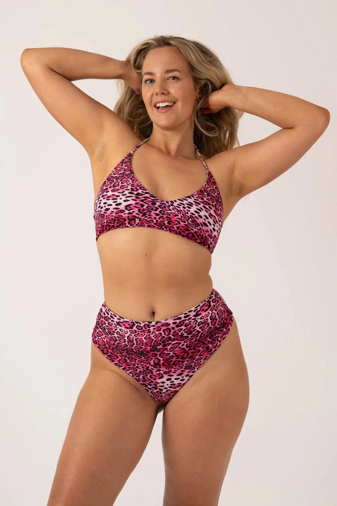 Silky Reversible Halter Bralette Bikini Top - Pink Tropical Leopard-9358328385882-Activewear-Exoticathletica