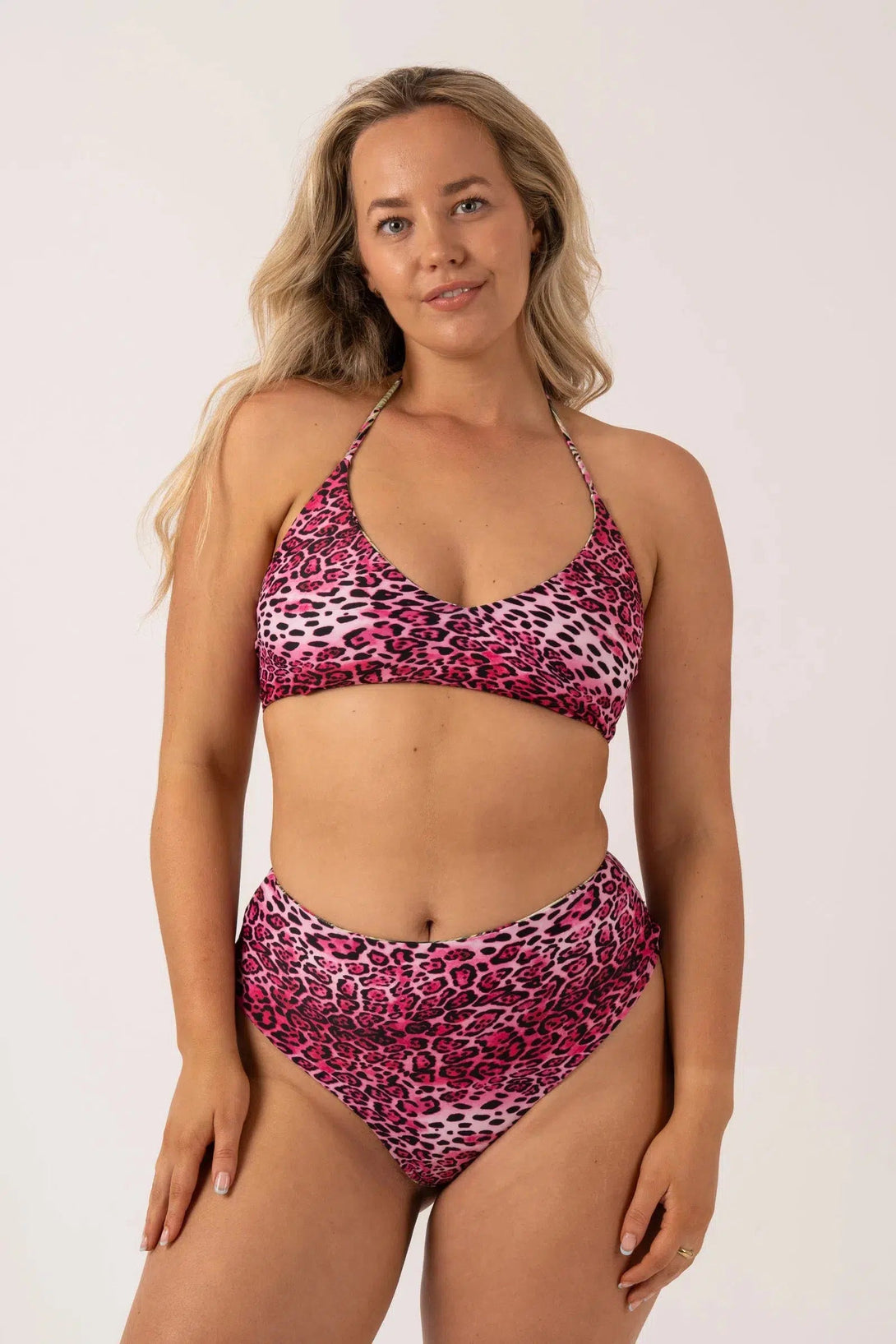 Silky Reversible High Waisted Cheeky Cut Bikini Bottom - Pink Tropical Leopard-9358328388265-Activewear-Exoticathletica