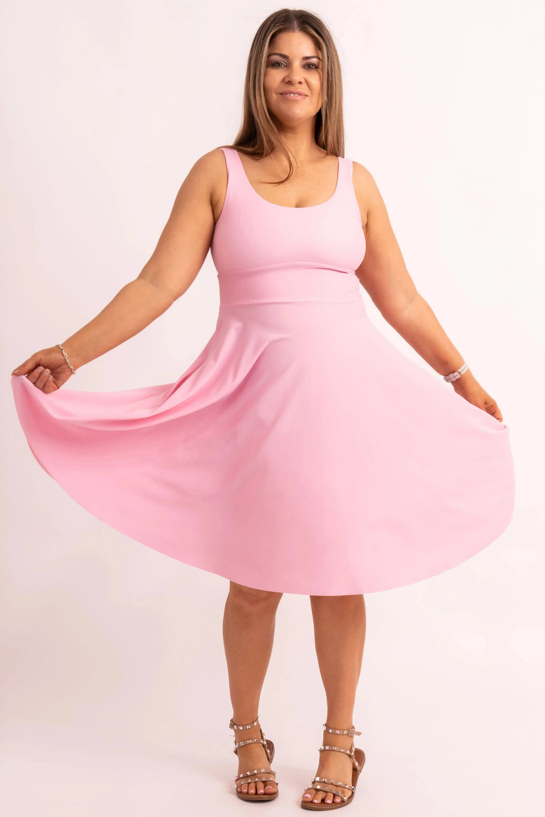 Silky Scoop Neck Comfort Crop Midi Dress W/ Pockets - Pastel Pink-9358328335719-Activewear-Exoticathletica