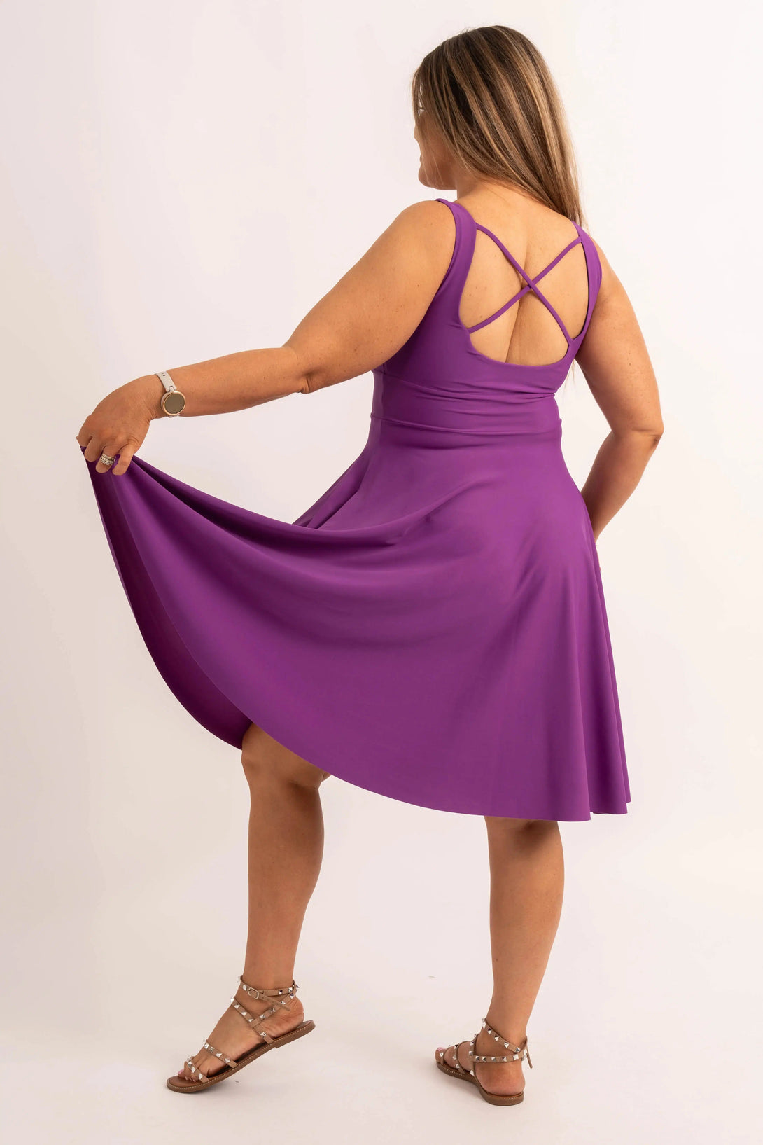 Silky Scoop Neck Comfort Crop Midi Dress W/ Pockets - Purple-9358328335238-Activewear-Exoticathletica