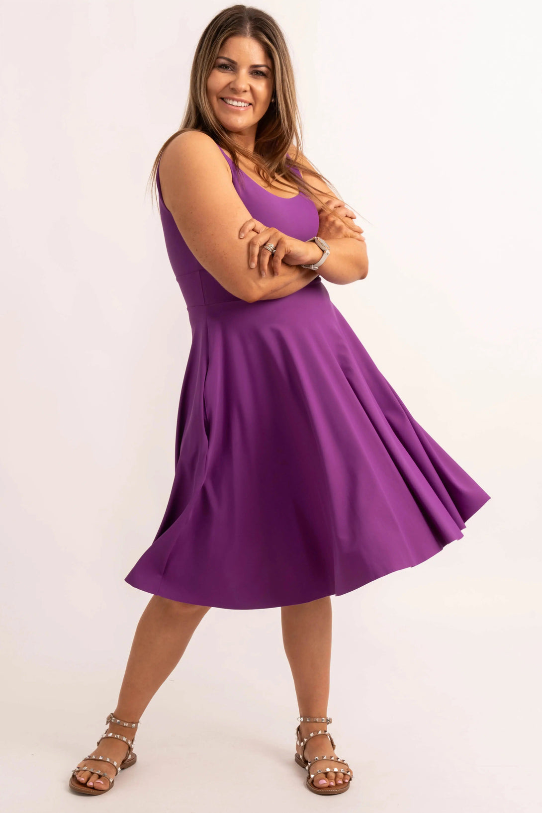 Silky Scoop Neck Comfort Crop Midi Dress W/ Pockets - Purple-Activewear-Exoticathletica