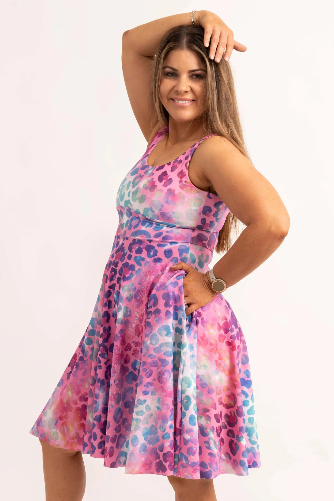 Silky Scoop Neck Comfort Crop Midi Dress W/ Pockets - Rainbow Jag-9358328335771-Activewear-Exoticathletica