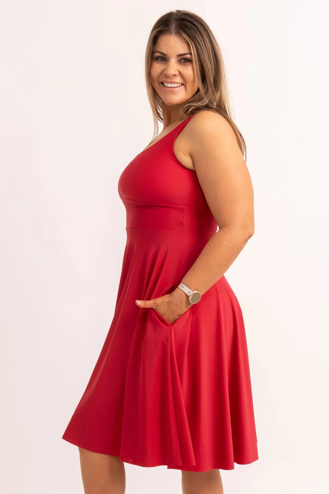 Silky Scoop Neck Comfort Crop Midi Dress W/ Pockets - Red-9358328335832-Activewear-Exoticathletica