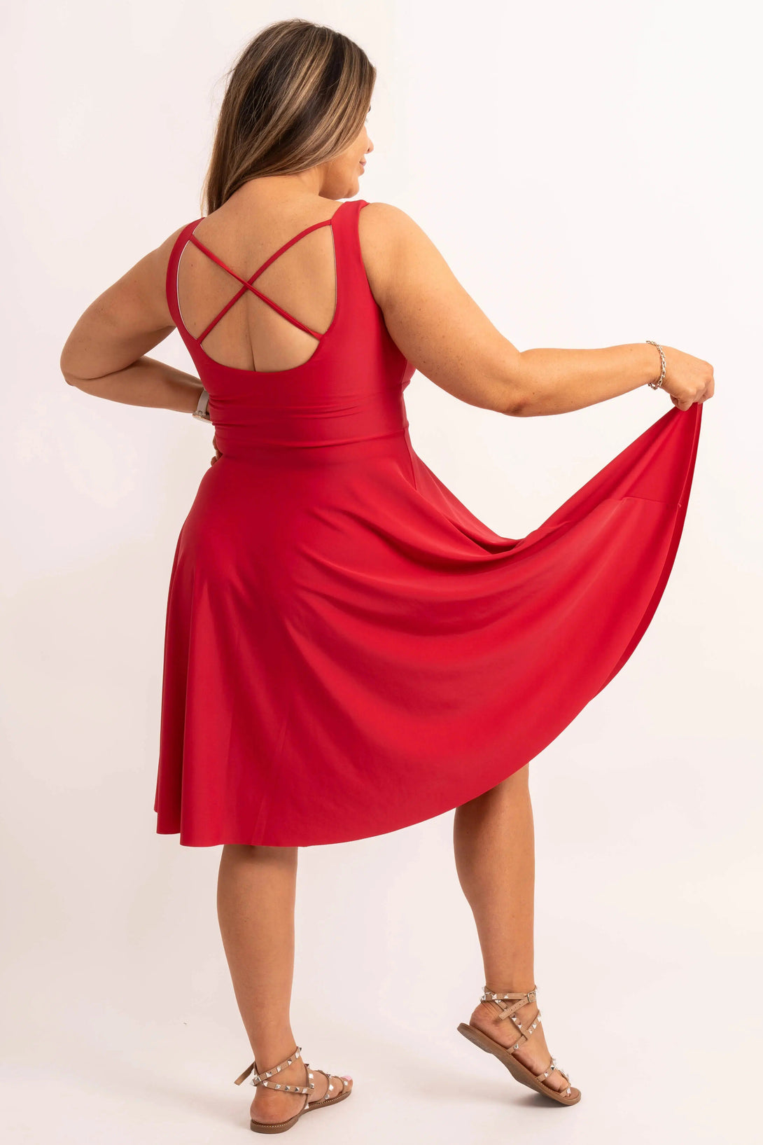 Silky Scoop Neck Comfort Crop Midi Dress W/ Pockets - Red-Activewear-Exoticathletica