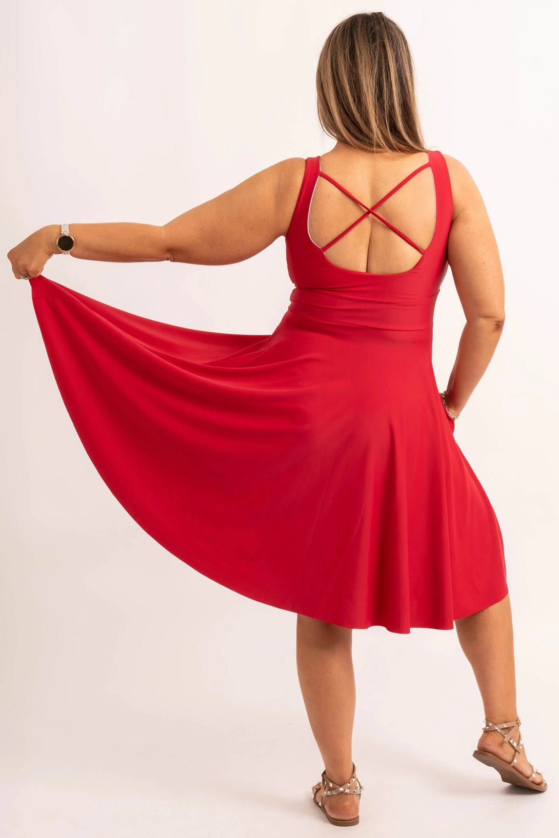 Silky Scoop Neck Comfort Crop Midi Dress W/ Pockets - Red-Activewear-Exoticathletica