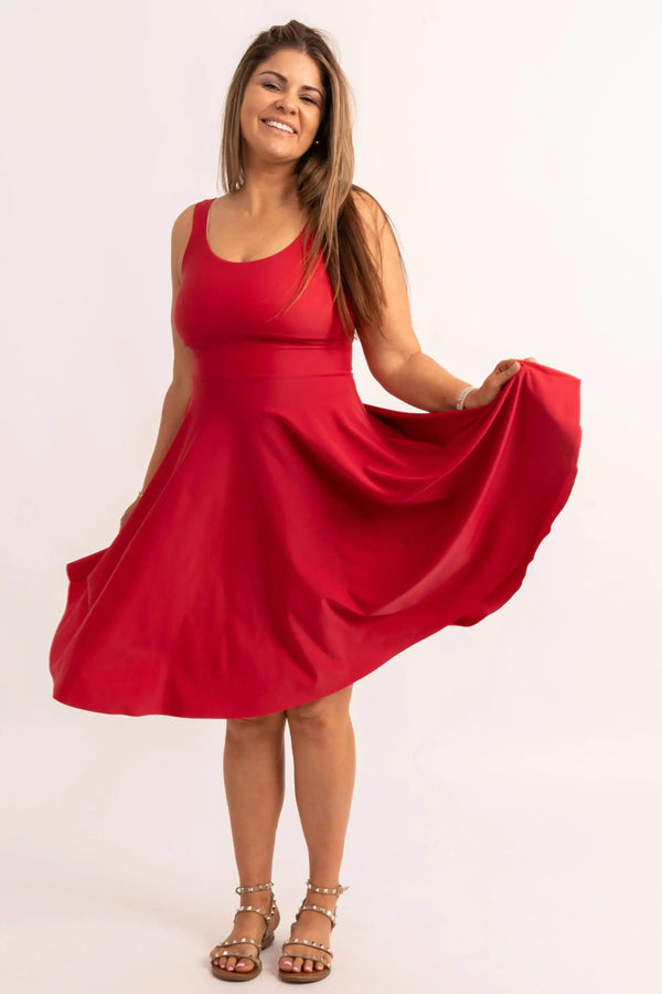 Silky Scoop Neck Comfort Crop Midi Dress W/ Pockets - Red-Activewear-Exoticathletica