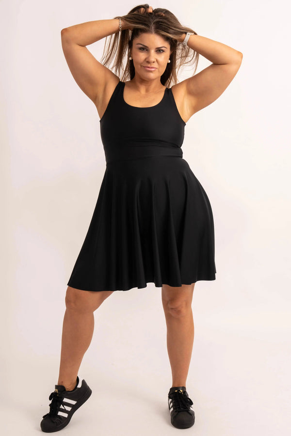 Silky Scoop Neck Comfort Crop Mini Dress - Black-Activewear-Exoticathletica