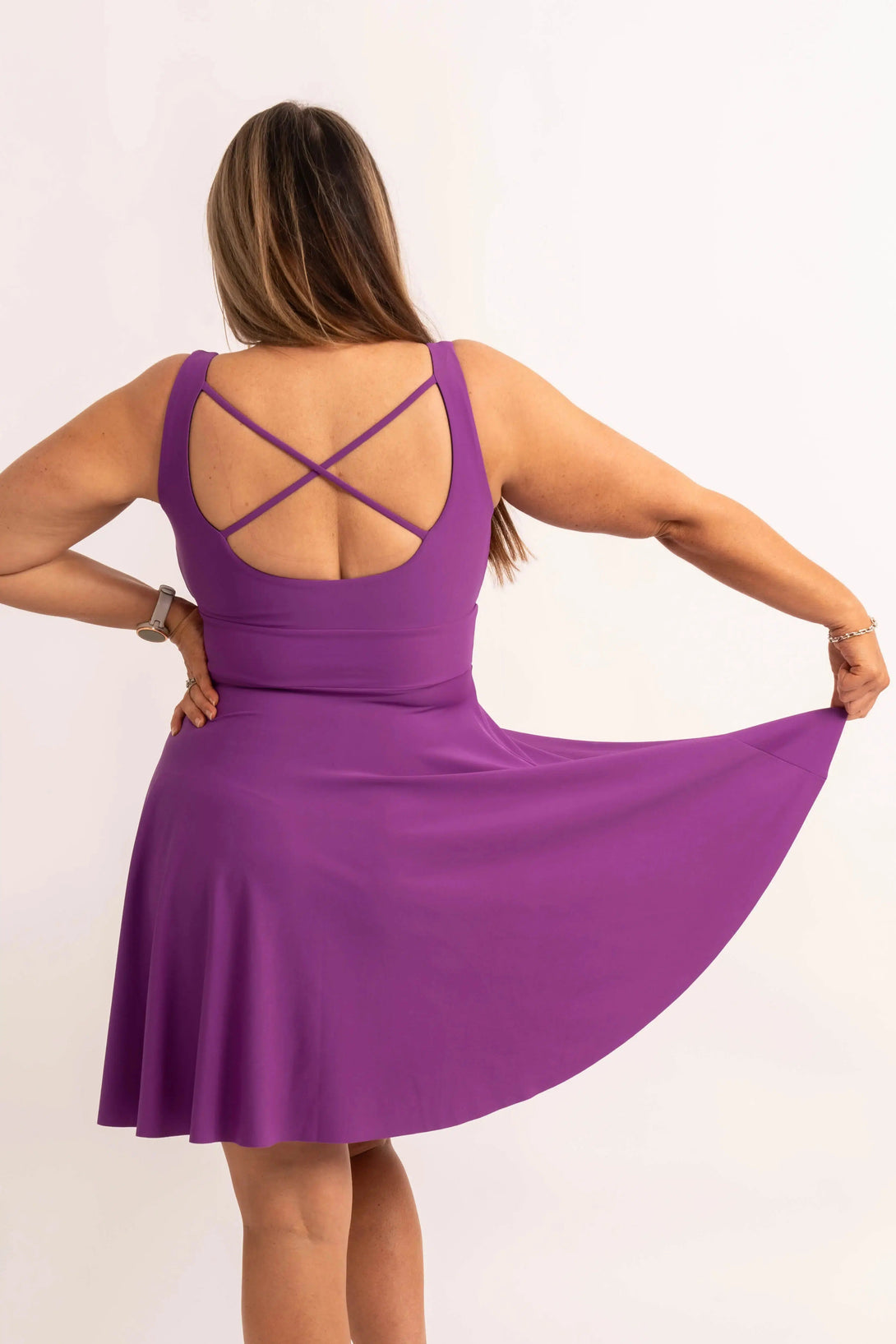 Silky Scoop Neck Comfort Crop Mini Dress - Purple-Activewear-Exoticathletica