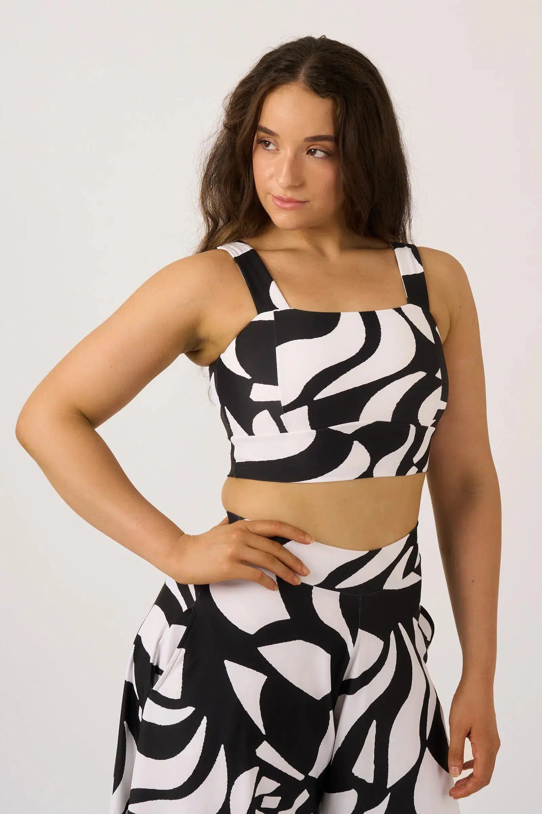 Silky Square Neck Comfort Crop Top - Black Geo Waves-Activewear-Exoticathletica