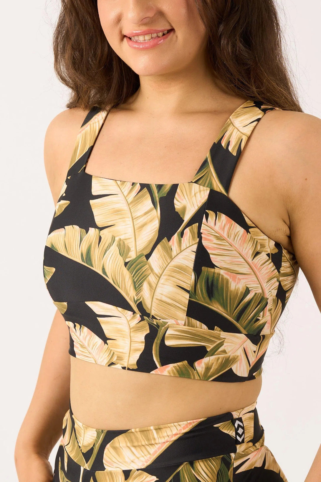 Silky Square Neck Comfort Crop Top - Black Tropical Leaf-Activewear-Exoticathletica