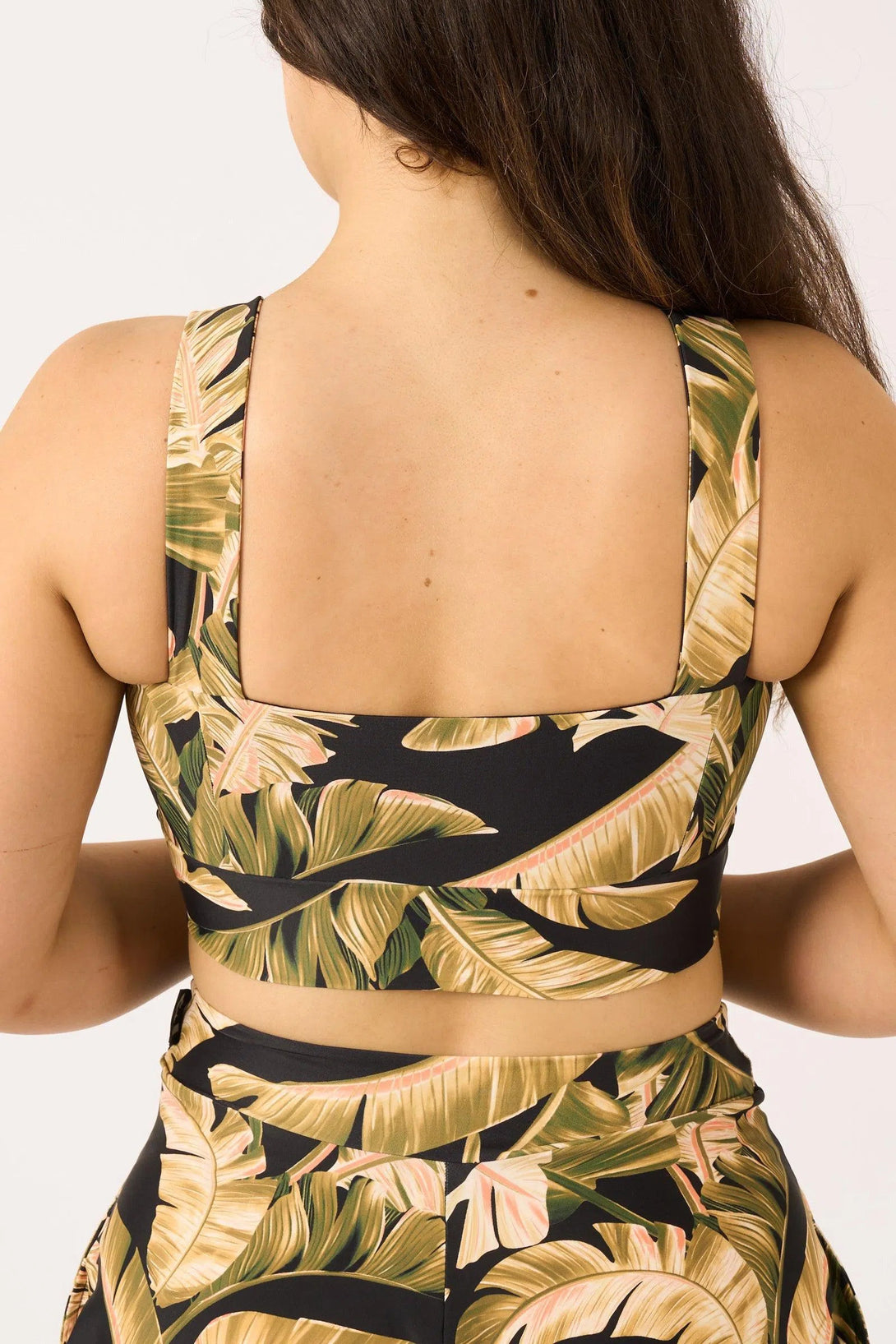 Silky Square Neck Comfort Crop Top - Black Tropical Leaf-Activewear-Exoticathletica