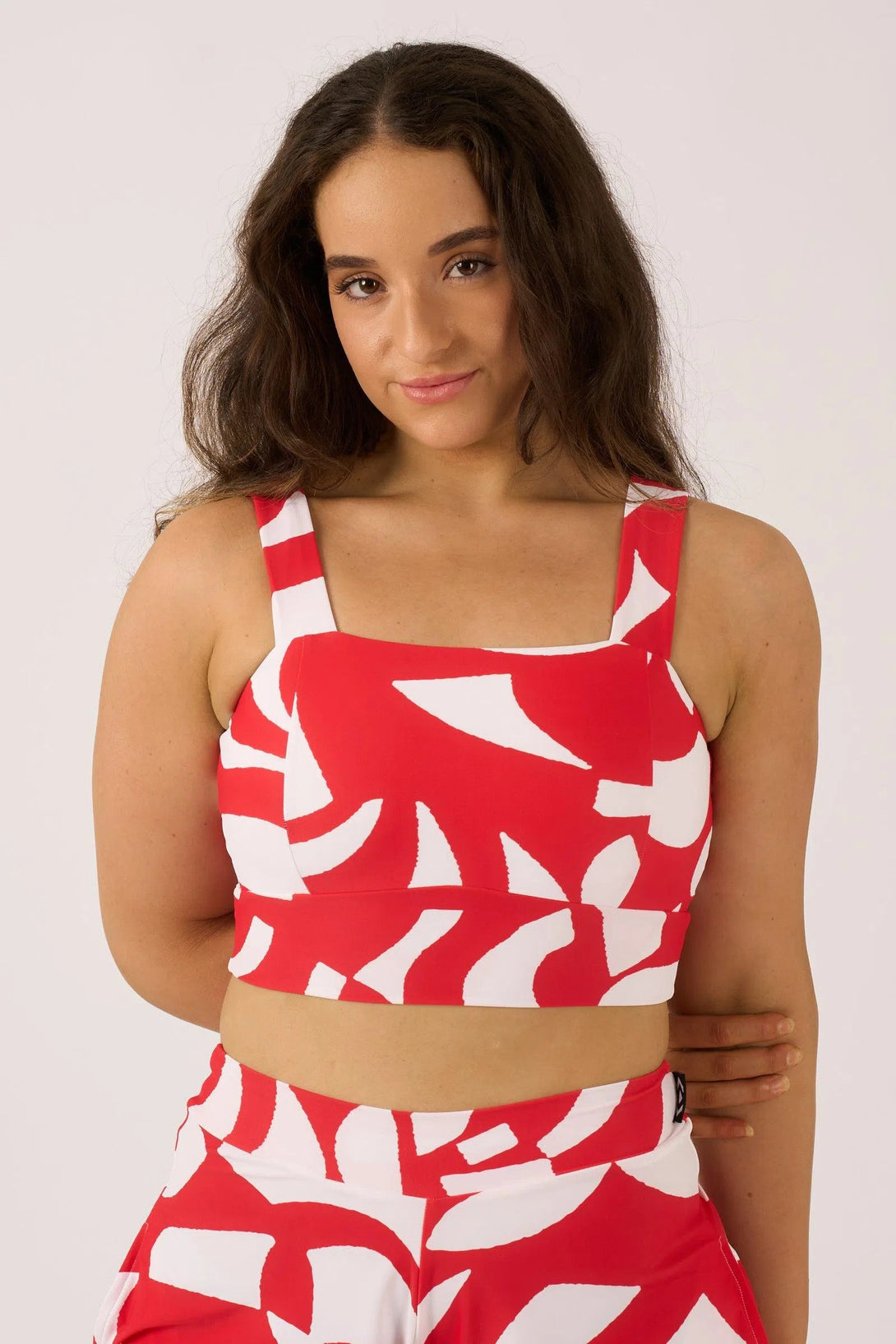 Silky Square Neck Comfort Crop Top - Red Geo Waves-Activewear-Exoticathletica