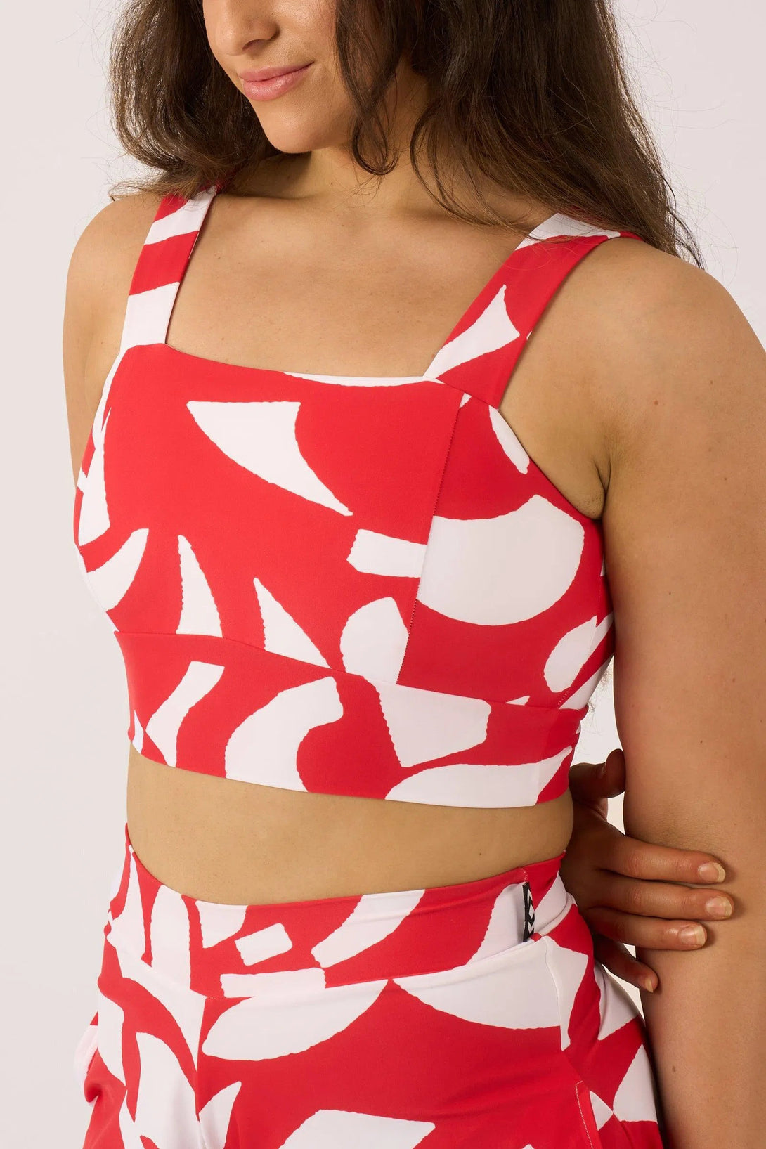 Silky Square Neck Comfort Crop Top - Red Geo Waves-Activewear-Exoticathletica