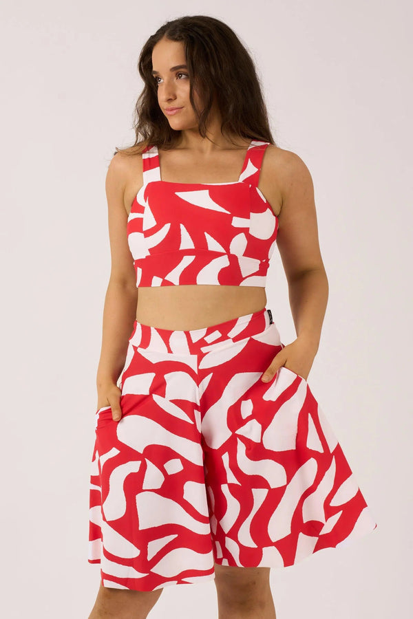 Silky Square Neck Comfort Crop Top - Red Geo Waves-Activewear-Exoticathletica