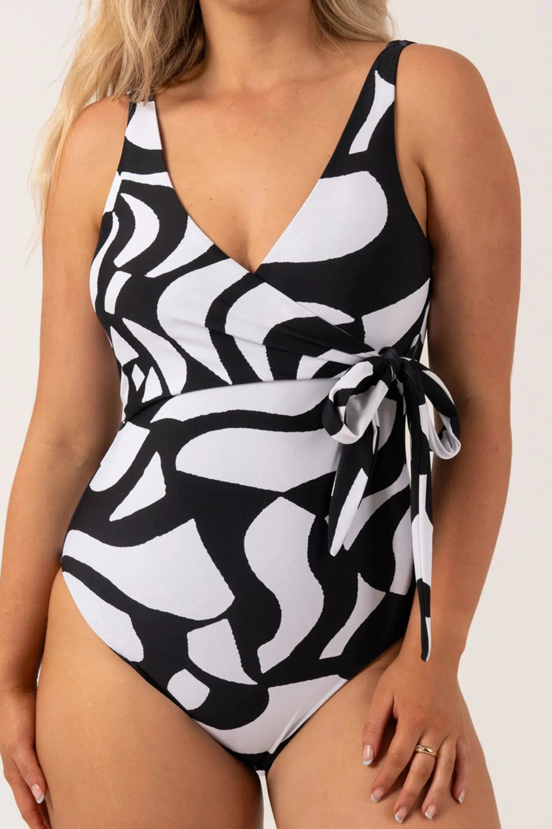 Silky Wrap Over Low Leg One Piece - Black Geo Waves-Activewear-Exoticathletica