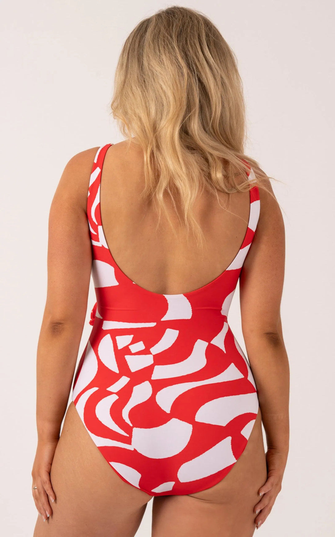 Silky Wrap Over Low Leg One Piece - Red Geo Waves-9358328387428-Activewear-Exoticathletica